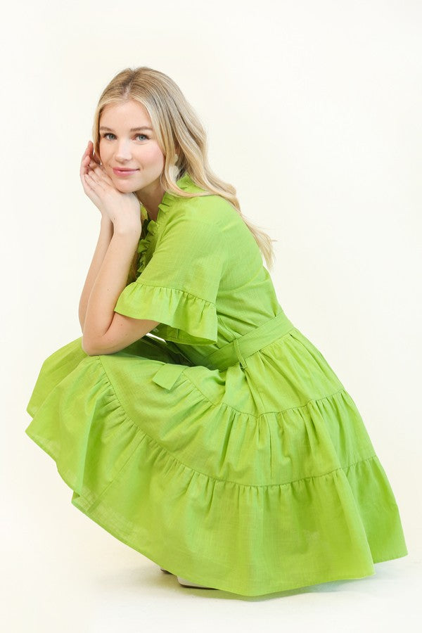 Ruffled Tiered Dress With Tie Waist Design