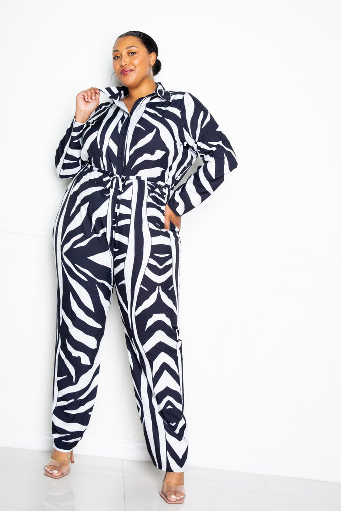 Plus Button Up Long Sleeve  Jumpsuit