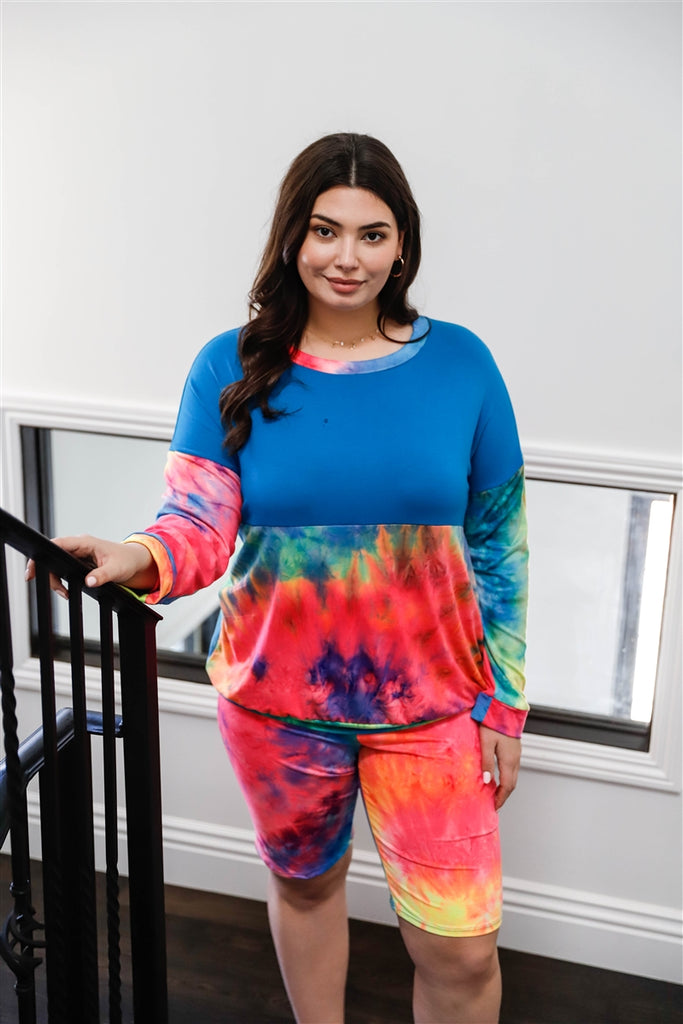 Plus Blue Neon Rainbow Tie-dye Colorblock Long Sleeve Top & Biker Shorts Set