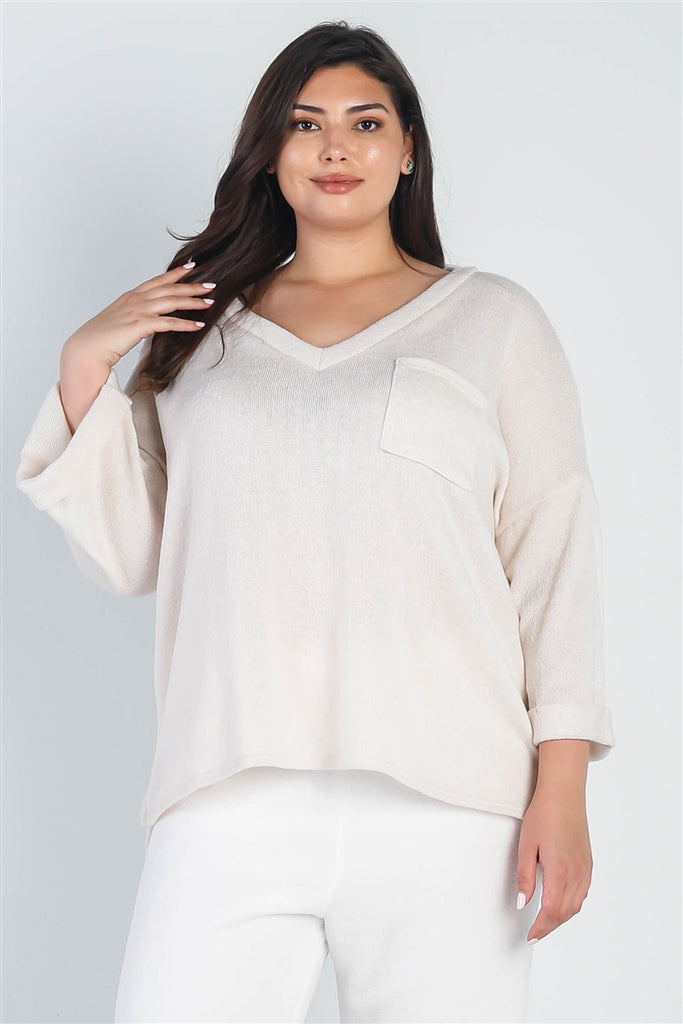 Plus Cream Knit V-neck Pocket Front Top