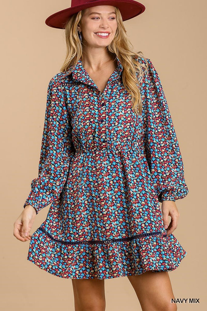 Collared button down floral print dress with crochet trimmed details