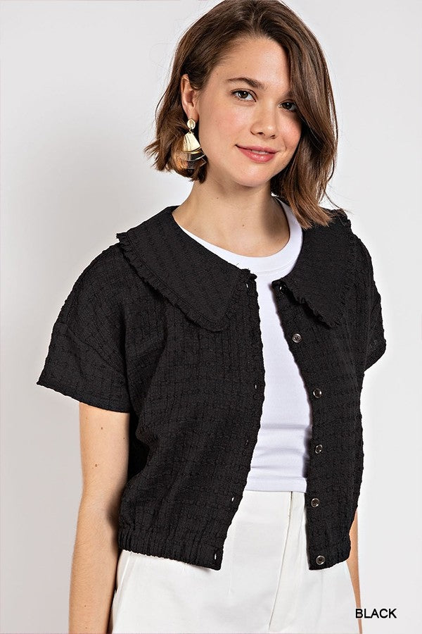 Peter pan collar textured knit button down top